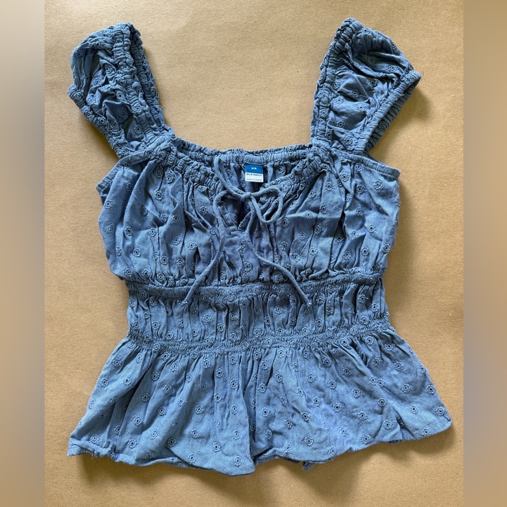 Old Navy Blue Eyelet Smocked Tie-Front Tank